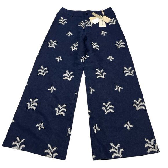 Elie Tahari Pants Women 6 Blue Linen White Palm Tree Embroidered Wide Leg Resort - Picture 2 of 9